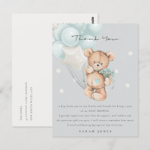 Postal Baby Shower de globo de espera de oso azul gris