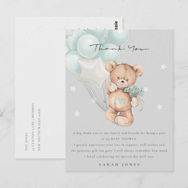 Postal Baby Shower de globo de espera de oso azul gris (Anverso / Reverso)