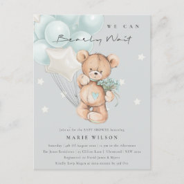 Postal Baby Shower de globo de espera de oso azul gris