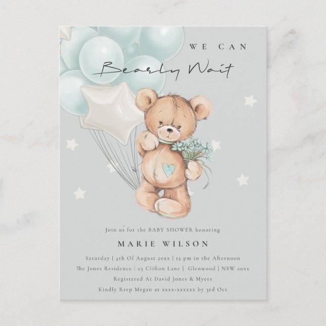 Postal Baby Shower de globo de espera de oso azul gris (Anverso)