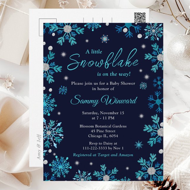 Postal Baby Shower de invierno con copos de nieve azules  (Subido por el creador)