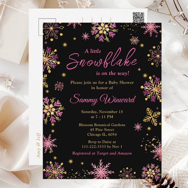 Postal Baby Shower de invierno con copos de nieve dorados (Subido por el creador)