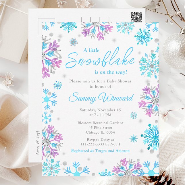 Postal Baby Shower de invierno con copos de nieve morados (Subido por el creador)
