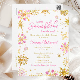 Postal Baby Shower de invierno con copos de nieve rosados