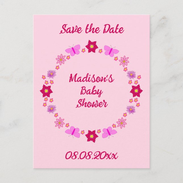 Postal Baby Shower de mariposas y flores para bebé rosa (Anverso)