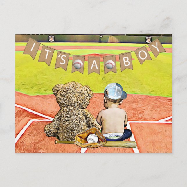 Postal Baby Shower de niño con temas de béisbol (Anverso)