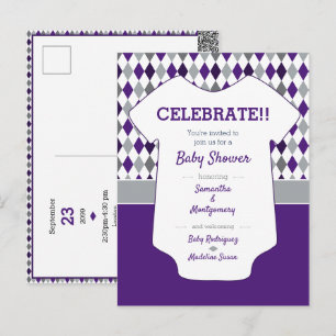 Postal Baby Shower de patrón de arglo gris morado y plate