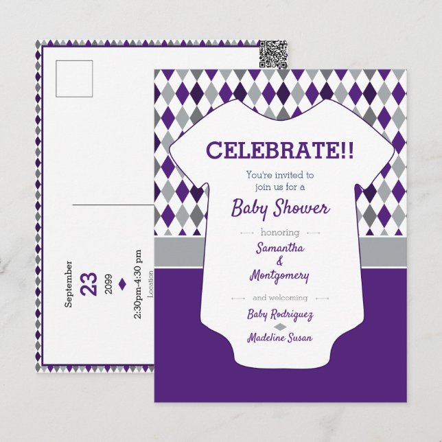 Postal Baby Shower de patrón de arglo gris morado y plate (Anverso / Reverso)