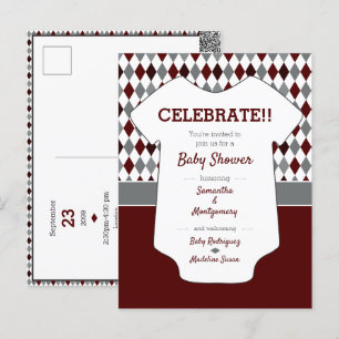 Postal Baby Shower de patrón maroon y gris azul arcillo