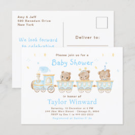 Postal Baby Shower del tren azul del oso