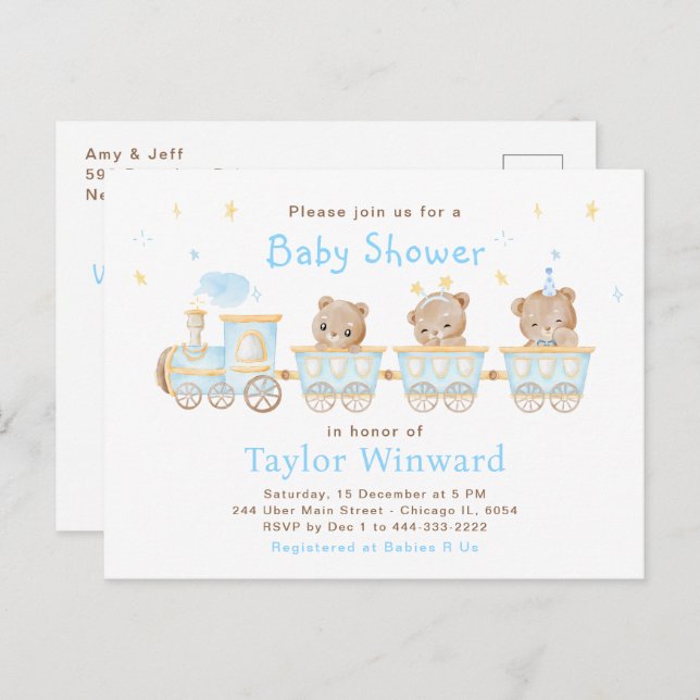 Postal Baby Shower del tren azul del oso (Anverso / Reverso)