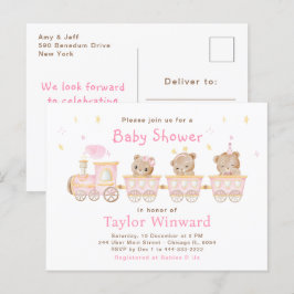 Postal Baby Shower del tren rosa del oso