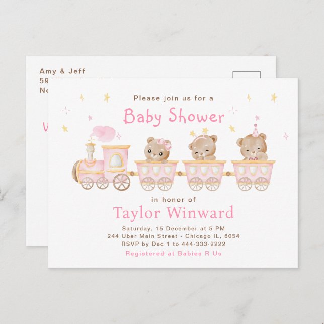 Postal Baby Shower del tren rosa del oso (Anverso / Reverso)