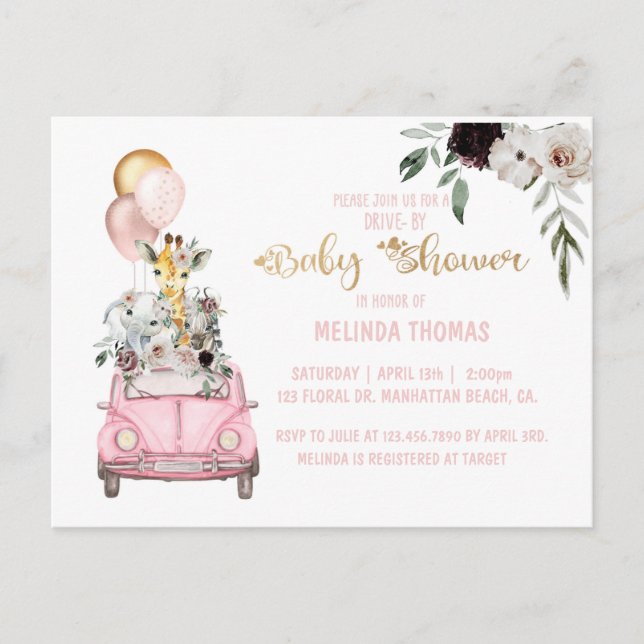 Postal Baby Shower, ducha Drive-By Baby, Invitat de safar (Anverso)