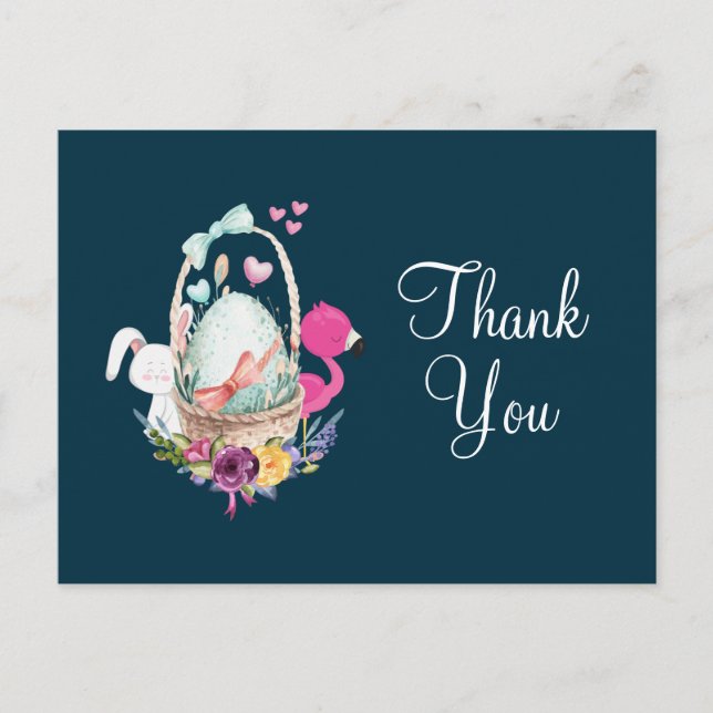 Postal Baby Shower Egg, Flaingo y Bunny Fiesta gracias (Anverso)