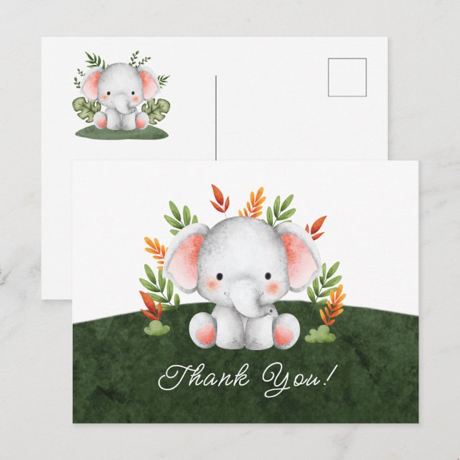 Postal Baby Shower: Elefante de la Jungla Gracias Postcar (Anverso / Reverso)
