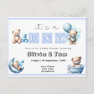 Postal Baby Shower - ¡Es un chico! Ositos de peluche. Edi