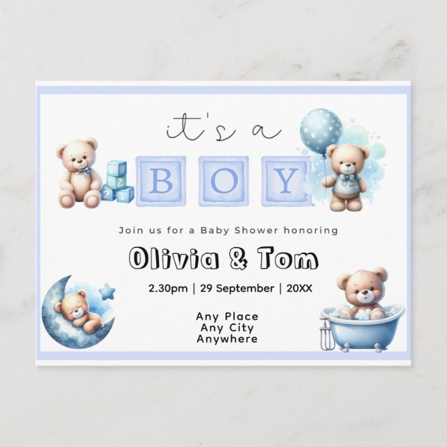 Postal Baby Shower - ¡Es un chico! Ositos de peluche. Edi (Anverso)
