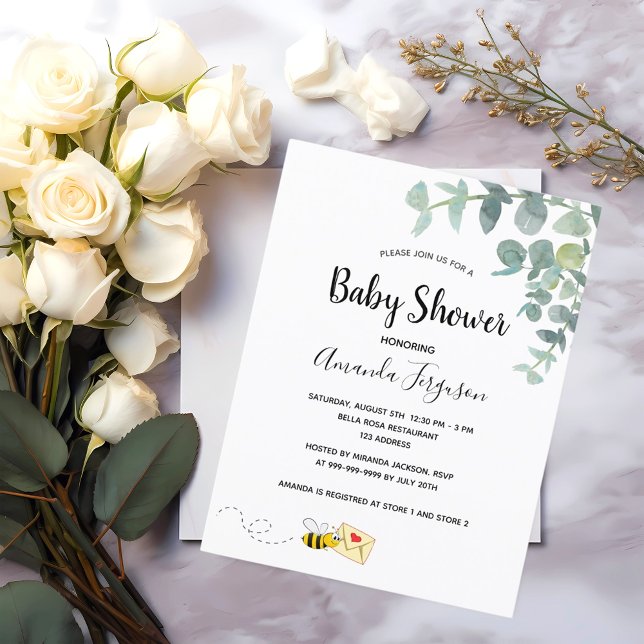 Postal Baby Shower eucalipto verde adorable abeja (Subido por el creador)