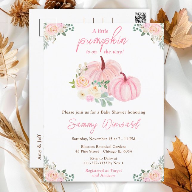 Postal Baby Shower floral de calabazas rosadas (Subido por el creador)