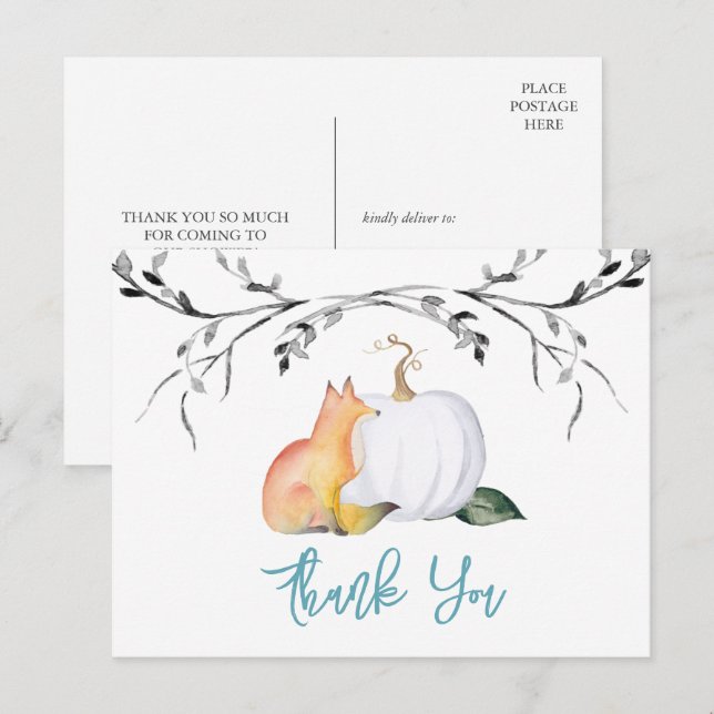 Postal Baby Shower Gracias a Postcard Pumpkin y Fox (Anverso / Reverso)