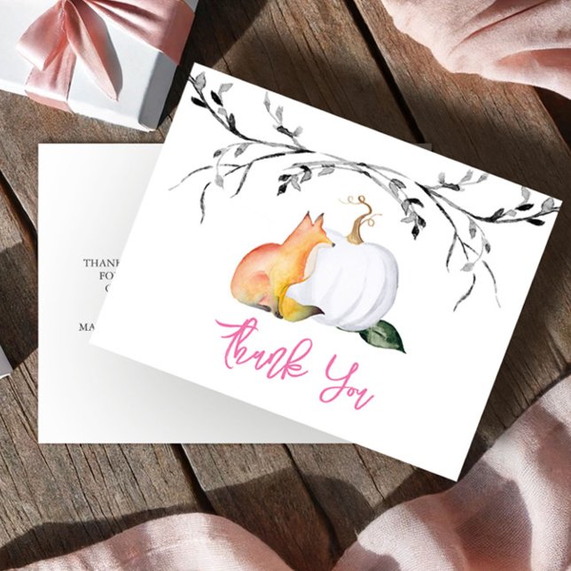 Postal Baby Shower Gracias a Postcard Pumpkin y Fox (Thank you postcards watercolor fox and white pumpkin girl )