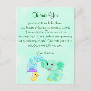 Postal Baby Shower Gracias A Su Elefante Neutral De Géner