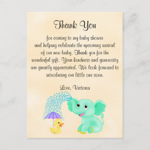 Postal Baby Shower Gracias A Su Elefante Neutral De Géner