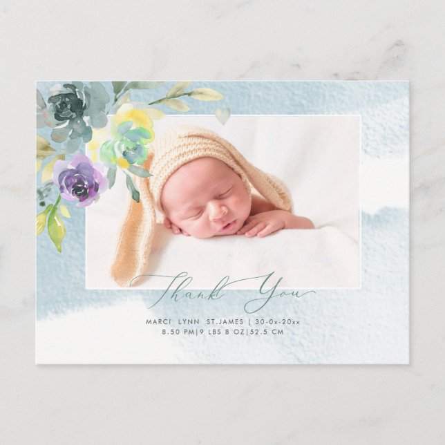 Postal Baby Shower Gracias a Watercolor Dusty Blue Peony (Anverso)