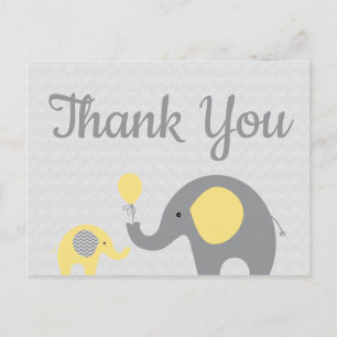 Postal Baby Shower Gracias a Yello Grey Elephant Postcard