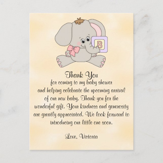 Postal Baby Shower Gracias, Baby Elephant (Anverso)