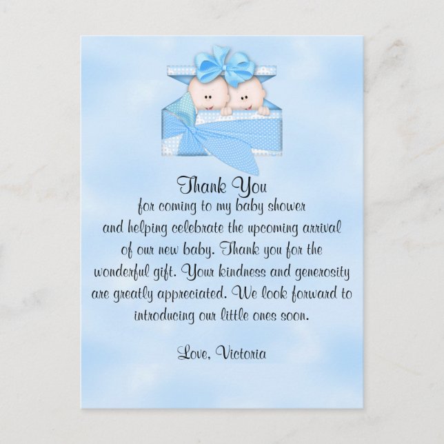 Postal Baby Shower Gracias es Twins Boy (Anverso)
