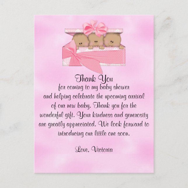 Postal Baby Shower Gracias por su etnia Chica Triplets (Anverso)