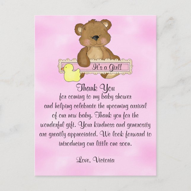 Postal Baby Shower Gracias Teddy Bear (Anverso)