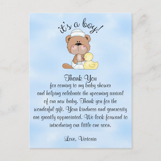 Postal Baby Shower Gracias Teddy Bear (Anverso)