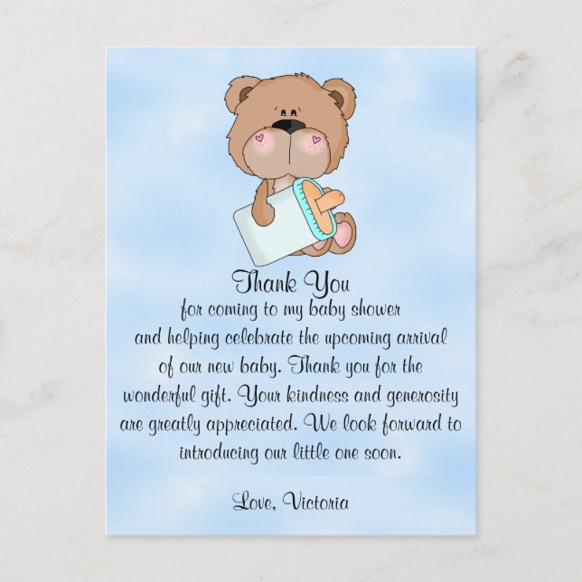 Postal Baby Shower Gracias Teddy Bear (Anverso)