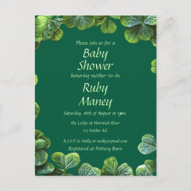 Postal Baby Shower Green Clovers (Anverso)