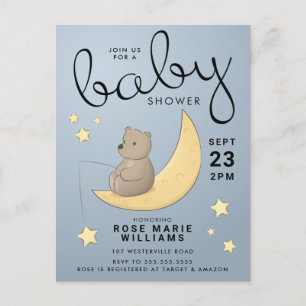 Postal BABY SHOWER   Luna de oso bebé y estrellas