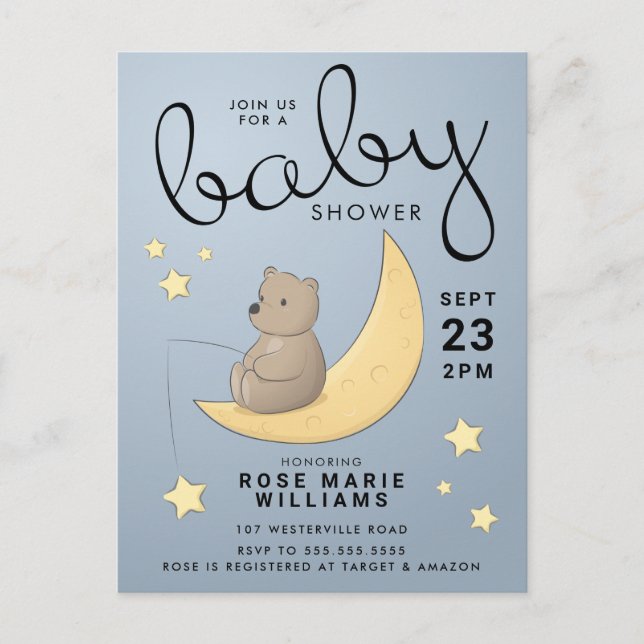 Postal BABY SHOWER | Luna de oso bebé y estrellas (Anverso)