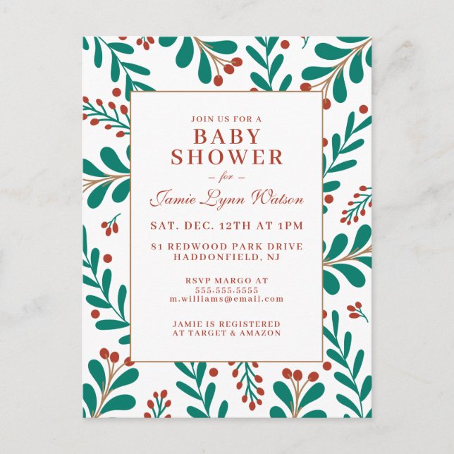 Postal BABY SHOWER | Navidades Mistletoe y Holly (Anverso)