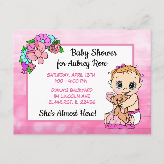 Postal Baby Shower para Chica, bebé de vaca rosada (Anverso)