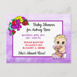 Postal Baby Shower para Chica, Bebé y Oso de Teddy morado