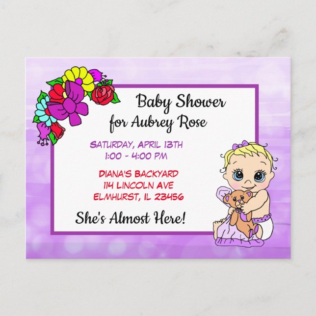 Postal Baby Shower para Chica, Bebé y Oso de Teddy morado (Anverso)