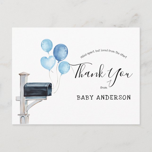 Postal Baby Shower por correo Blue Balloons Gracias (Anverso)