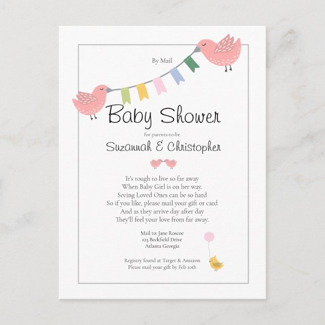 Postal Baby Shower Por Correo Chica Pink Birds (Anverso)