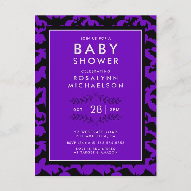 Postal BABY SHOWER | Postca del patrón de murciélago púrp (Anverso)
