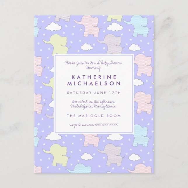 Postal BABY SHOWER | Postcarta de Elefantes Púrpura Paste (Anverso)
