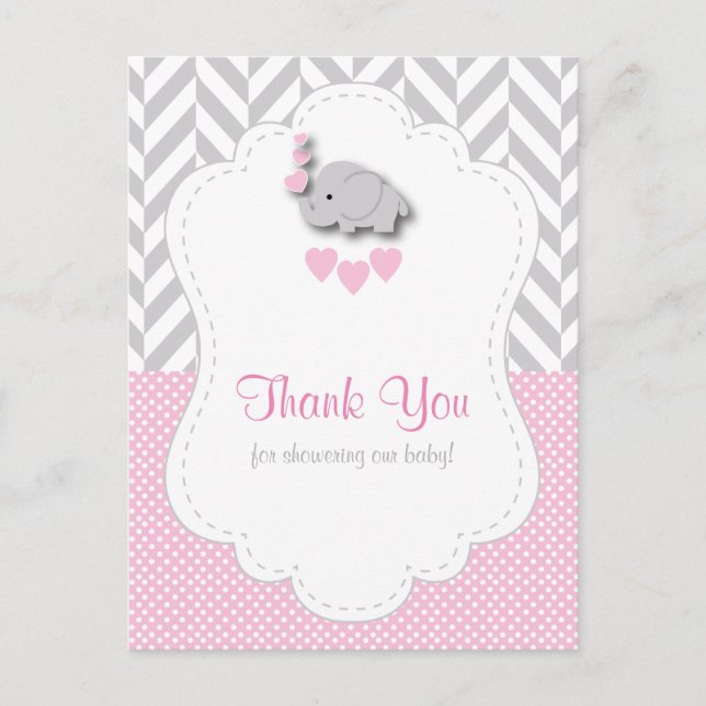 Postal Baby Shower Rosa, Elefante Gris Blanco Gracias (Anverso)