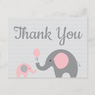 Postal Baby Shower Rosa Grey Elephant Gracias Postcard