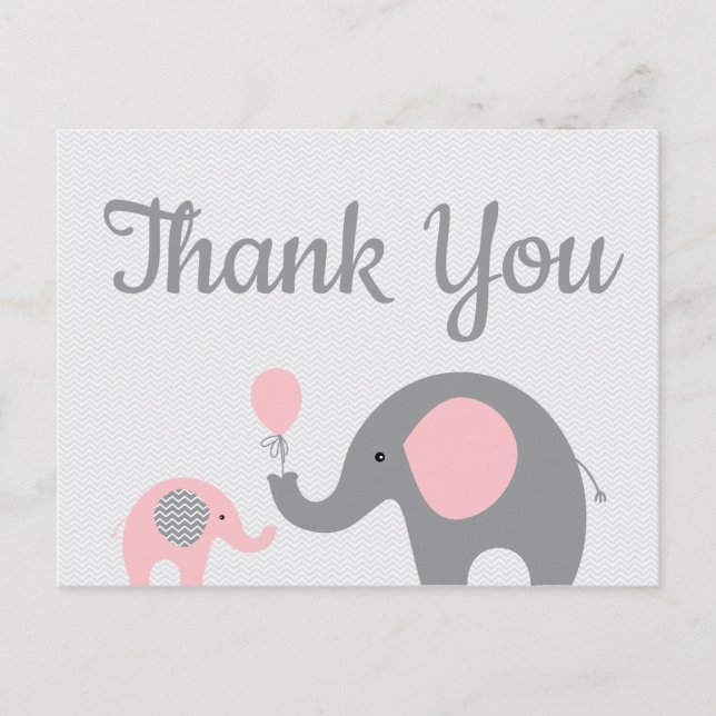Postal Baby Shower Rosa Grey Elephant Gracias Postcard (Anverso)